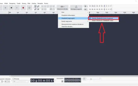 Audacity po polsku: wybór urządzenia nagrywającego, zaznaczone "Głośniki (Realtek(R) Audio) (loopback)".
