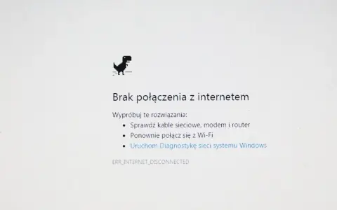 Dinozaur z gry Chrome skacze, bo jest brak internetu. Komunikat "Brak połączenia z internetem" sugeruje sprawdzenie kabli i ponowne połączenie z Wi-Fi.