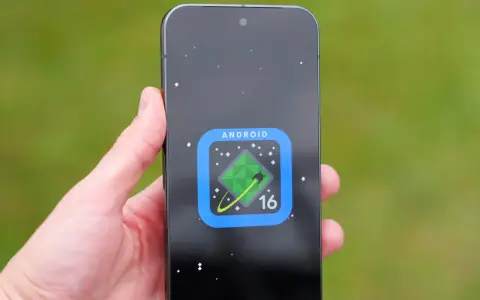 Dłoń trzyma smartfon z ikoną Android 16 na ekranie, przypominającą zielony kryształ na tle kosmosu.