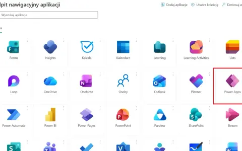 Widok pulpitu nawigacyjnego aplikacji, gdzie wyróżniono ikonę Power Apps.