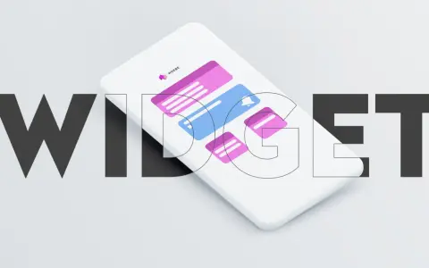 Duże litery "WIDŻET" otaczają biały smartfon z kolorowymi powiadomieniami.