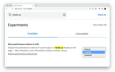 Strona chrome://flags z wyszukaniem "heads up". Opcja "Show performance metrics in HUD" jest włączona.