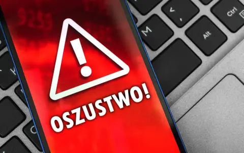 Oszustwo na OLX! Czerwony ekran telefonu z wykrzyknikiem ostrzega przed oszustami. Uważaj na podejrzane oferty.