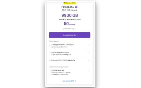 Pakiet XXL Play: 200 GB miesięcznie, 9900 GB przez rok. Promocja 3 miesiące w cenie 1, potem 50 zł/mies.