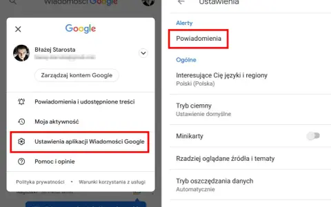 Ekran ustawień aplikacji Wiadomości Google. Aby wyłączyć wiadomości Google, wybierz "Powiadomienia".