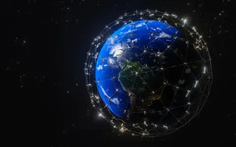 Ziemia otoczona siecią satelitów Starlink, symbolizującą globalny zasięg i prędkość internetu.