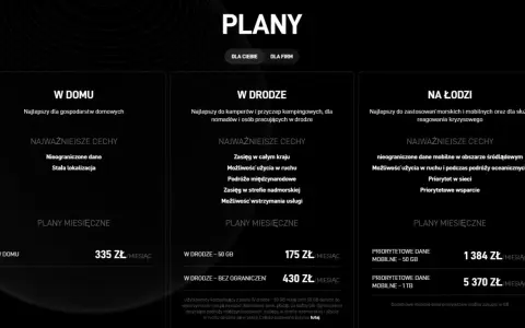 Porównanie planów Starlink: "W domu" za 335 zł, "W drodze" od 175 zł, "Na łodzi" od 1384 zł. Sprawdź, ile kosztuje Starlink dla Ciebie.