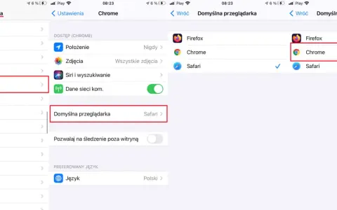 Ekran ustawień telefonu z zaznaczonym wyborem Chrome jako domyślnej przeglądarki.