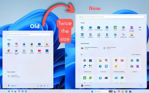 Porównanie menu startowego Windows 11: stare, mniejsze, z ikonami aplikacji i polem wyszukiwania, kontra nowe, dwa razy większe, z większą liczbą opcji i rekomendacjami.