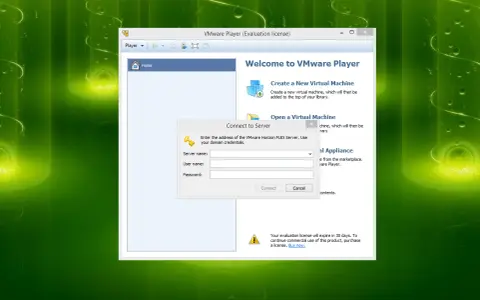 Okno programu VMware Player z prośbą o podanie danych logowania do serwera.
