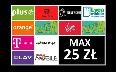 T-Mobile na kartę za 25 zł. Obok loga T-Mobile widnieją inne marki: Plus, Heyah, Mobile Vikings, Lyca mobile, Orange, Plush, Virgin mobile, a2mobile, Play, Red Bull Mobile.