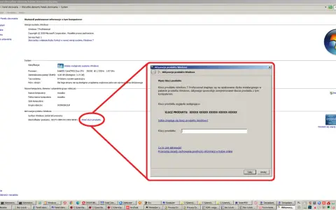 Okno aktywacji produktu Windows 7 z polem do wpisania klucza produktu.
