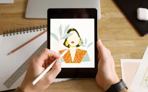 Ręce trzymają tablet z rysunkiem kobiety, tworzonym w aplikacji procreate. Obok leżą szkicownik i ołówek.