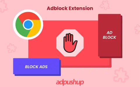 Logo Chrome, symbol stop i napis "Adblock Extension" sugerują przeglądarkę bez reklam.