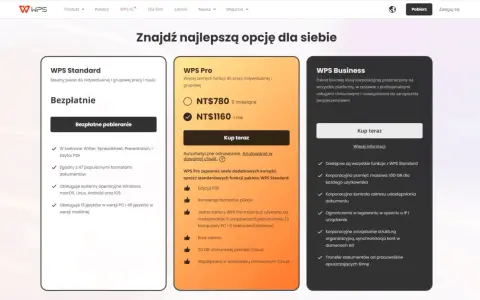 Wybierz pakiet WPS: Standard (bezpłatny), Pro (więcej funkcji) lub Business (korporacyjny). Znajdź idealne rozwiązanie dla siebie.