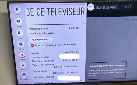 Ekran telewizora LG z menu ustawień, widoczne opcje: Sieć, Ogólne, Bezpieczeństwo.