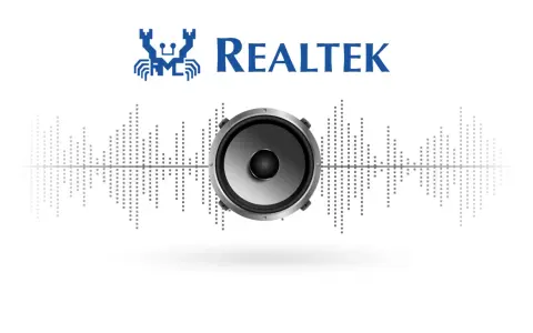 Logo Realtek z głośnikiem i wykresem dźwiękowym. Sterowanie dźwiękiem Realtek.