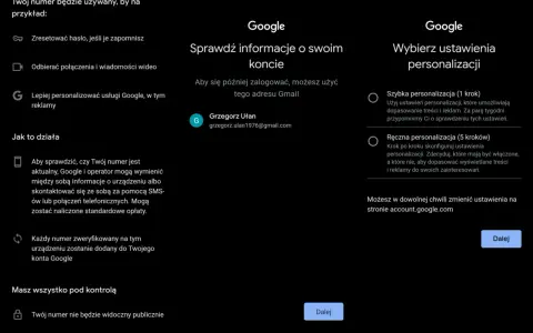 Ekran konfiguracji konta Google. Wybierz, jak założyć konto Google i spersonalizować ustawienia.
