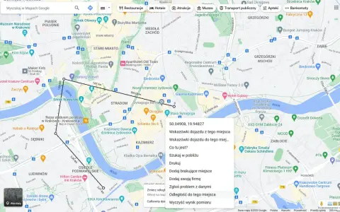 Jak zmierzyć odległość na mapie Google? Kliknij "Odległość do tego miejsca", by poznać dystans między punktami na mapie Krakowa.