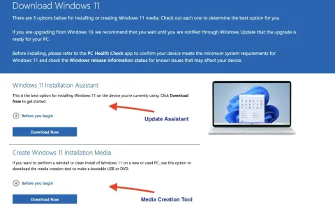 Strona pobierania Windows 11. Dostępne opcje to Asystent Instalacji i Narzędzie do tworzenia nośnika, ułatwiające aktualizację systemu.