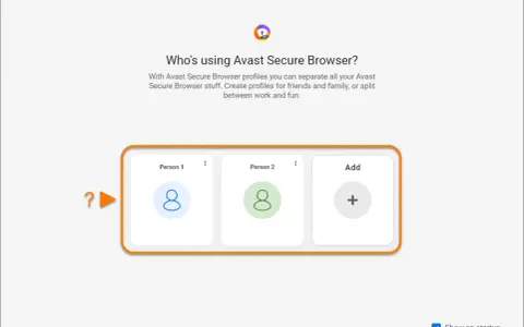 Avast Secure Browser pozwala tworzyć profile dla każdego użytkownika, np. dla rodziny. Widoczne profile: Osoba 1, Osoba 2 i opcja dodania nowego.