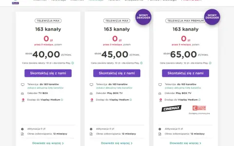 Oferty Play: Telewizja Max z 163 kanałami za 40 zł/mies., Max z dekoderem za 45 zł/mies. i Max Premium za 65 zł/mies. Sprawdź nasze upc pakiety!