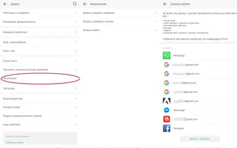Szukasz sposobu, jak usunąć konto na Gmail? Na ekranie widać opcję "Resetowanie" w ustawieniach telefonu, która może pomóc w usunięciu kont.