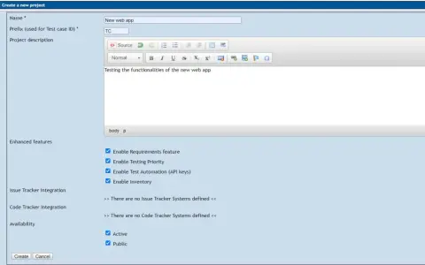 Tworzenie nowego projektu w TestLink. Wpisano nazwę "New web app", prefiks "TC" i opis testowania funkcjonalności.