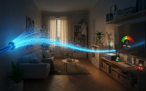 Światłowód dostarcza szybki internet do salonu, gdzie router zapewnia stabilne wifi 4. Telewizor pokazuje wskaźnik prędkości.