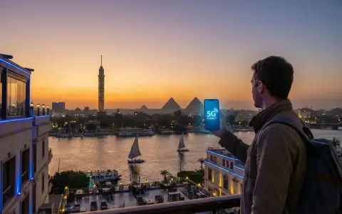 Mężczyzna z plecakiem trzyma telefon z napisem "5G CONNECT" na tle zachodzącego słońca nad Nilem, z widocznymi piramidami w Egipcie. eSIM Egipt zapewnia łączność.