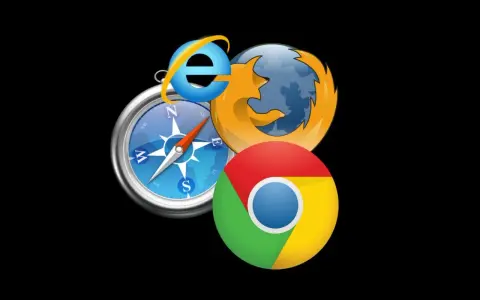 Ikony przeglądarek Internet Explorer, Firefox, Chrome i kompas na czarnym tle.