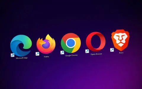 Ikony najpopularniejszych przeglądarek internetowych: Microsoft Edge, Firefox, Google Chrome, Opera i Brave.