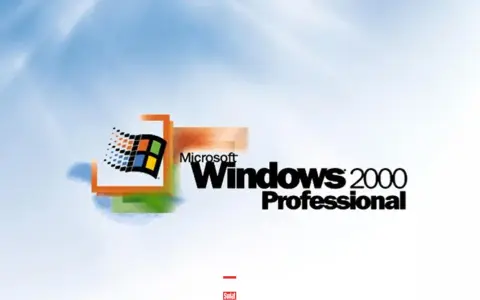 Logo Microsoft Windows 2000 Professional na tle błękitnego nieba z chmurami.