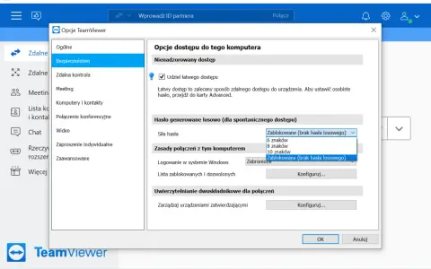 Ustawienia TeamViewer: opcje bezpieczeństwa, hasło generowane losowo, zasady połączeń.