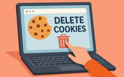 Ręka klika ikonę kosza na śmieci na ekranie laptopa z napisem "DELETE COOKIES" i ciasteczkiem. Dowiedz się, jak usunąć pliki cookies.