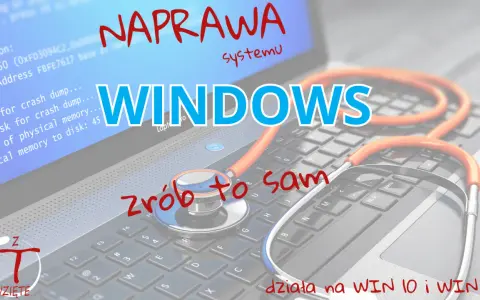 NAPRAWA systemu WINDOWS. Stetoskop na klawiaturze sugeruje, że możesz sam naprawić problemy, jakbyś diagnozował komputer. Działa na WIN 10 i WIN II.
