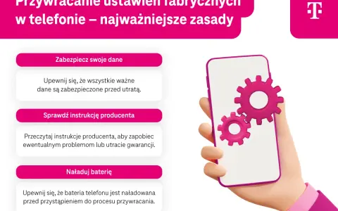 Przywracanie ustawień fabrycznych telefonu: zabezpiecz dane, sprawdź instrukcję, naładuj baterię. Zębatki na ekranie symbolizują proces.