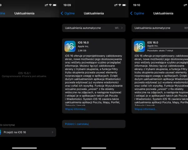 Ekran aktualizacji iPhone'a z informacją o dostępności iOS 16, który oferuje przeprojektowany ekran blokady i nowe funkcje.