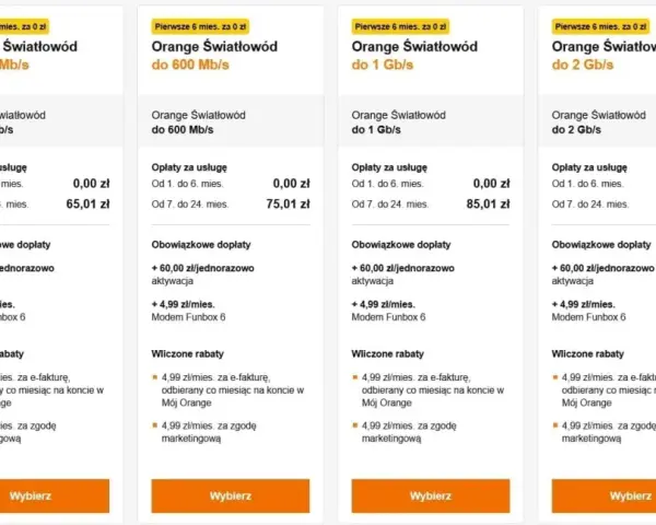 Porównanie ofert Orange Światłowód. Sprawdź, jak sprawdzić ile mam internetu w Orange, przeglądając ceny i prędkości.