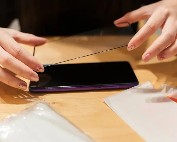 Dłonie przygotowują ochronę wyświetlacza play. Nakładanie szkła hartowanego na ekran telefonu.