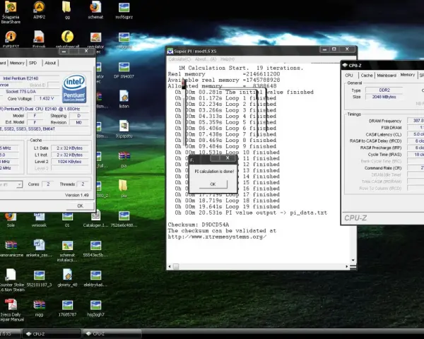 Super Pi test zakończony, CPU-Z pokazuje szczegóły procesora Intel Pentium E2140.