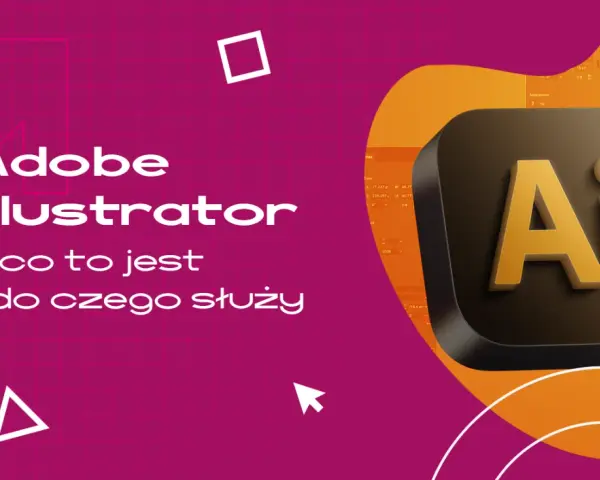 Logo Adobe Illustrator i tekst "Adobe Illustrator - co to jest i do czego służy" na tle z siatką i geometrycznymi kształtami.