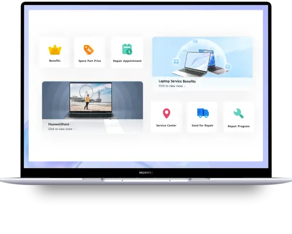 Interfejs Huawei PC Manager z opcjami: korzyści, ceny części, wizyta serwisowa, udostępnianie plików, centrum serwisowe, wysyłka do naprawy i postęp naprawy.