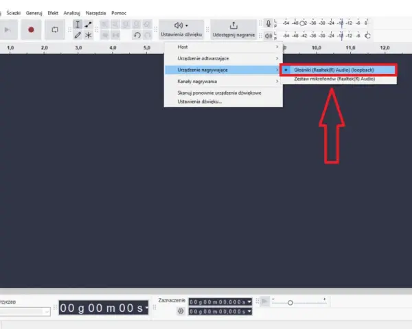 Audacity po polsku: wybór urządzenia nagrywającego, zaznaczone "Głośniki (Realtek(R) Audio) (loopback)".