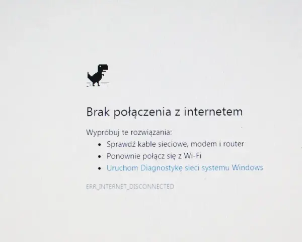 Dinozaur z gry Chrome skacze, bo jest brak internetu. Komunikat "Brak połączenia z internetem" sugeruje sprawdzenie kabli i ponowne połączenie z Wi-Fi.