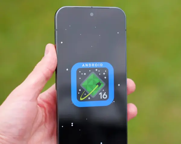 Dłoń trzyma smartfon z ikoną Android 16 na ekranie, przypominającą zielony kryształ na tle kosmosu.