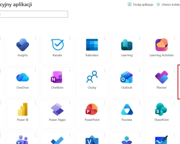 Widok pulpitu nawigacyjnego aplikacji, gdzie wyróżniono ikonę Power Apps.