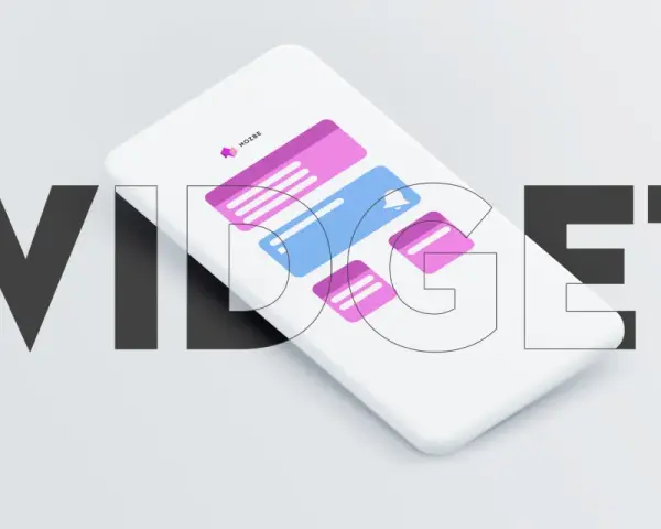 Duże litery "WIDŻET" otaczają biały smartfon z kolorowymi powiadomieniami.