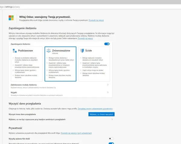 Ustawienia prywatności w przeglądarce Microsoft Edge: blokowanie śledzenia, czyszczenie danych i zarządzanie prywatnością.
