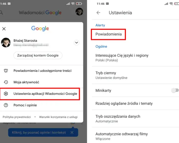 Ekran ustawień aplikacji Wiadomości Google. Aby wyłączyć wiadomości Google, wybierz "Powiadomienia".